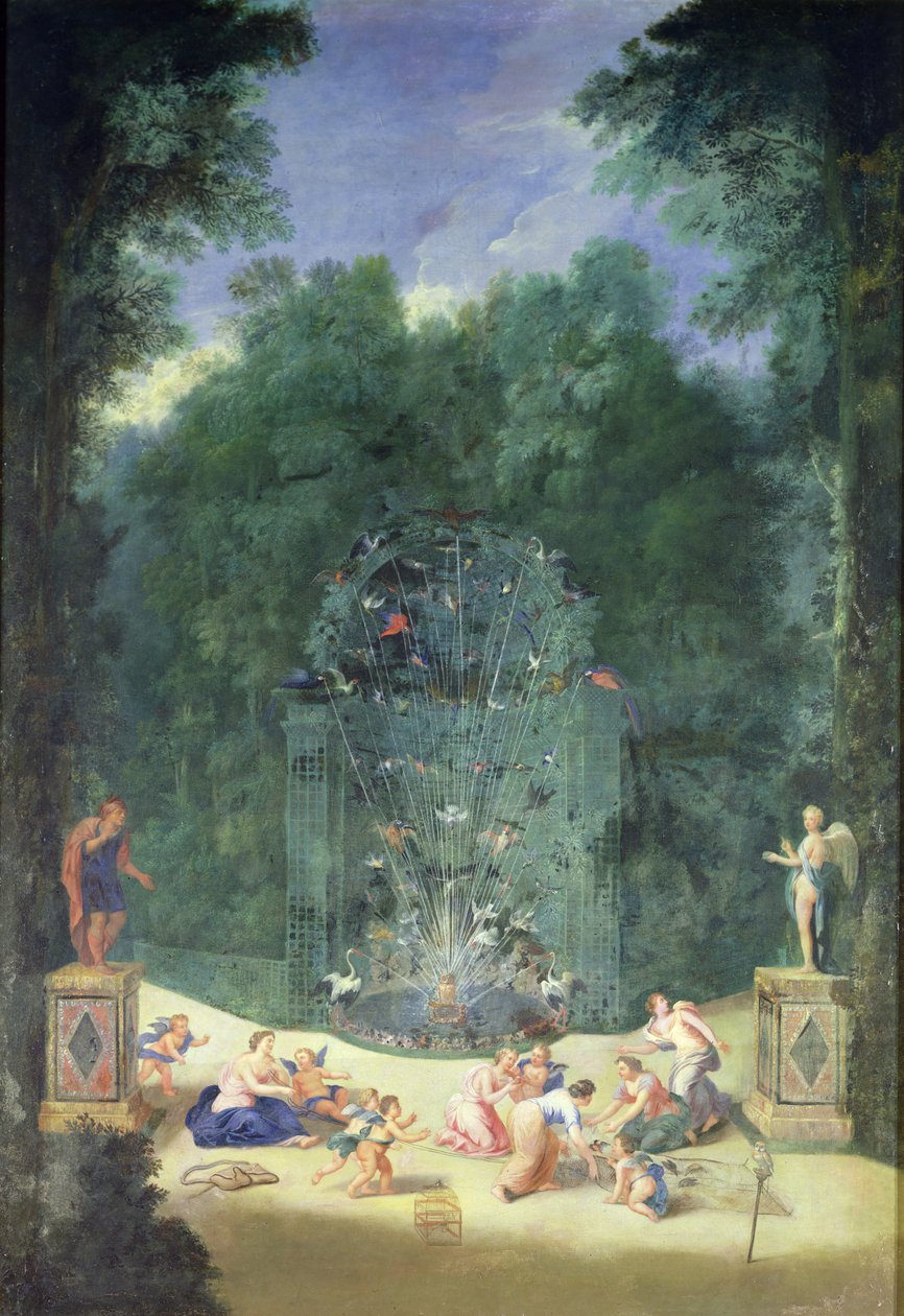 Los bosques de Versalles: Vista de la entrada al laberinto con pájaros, ninfas y querubines, 1688 de Jean the Younger Cotelle