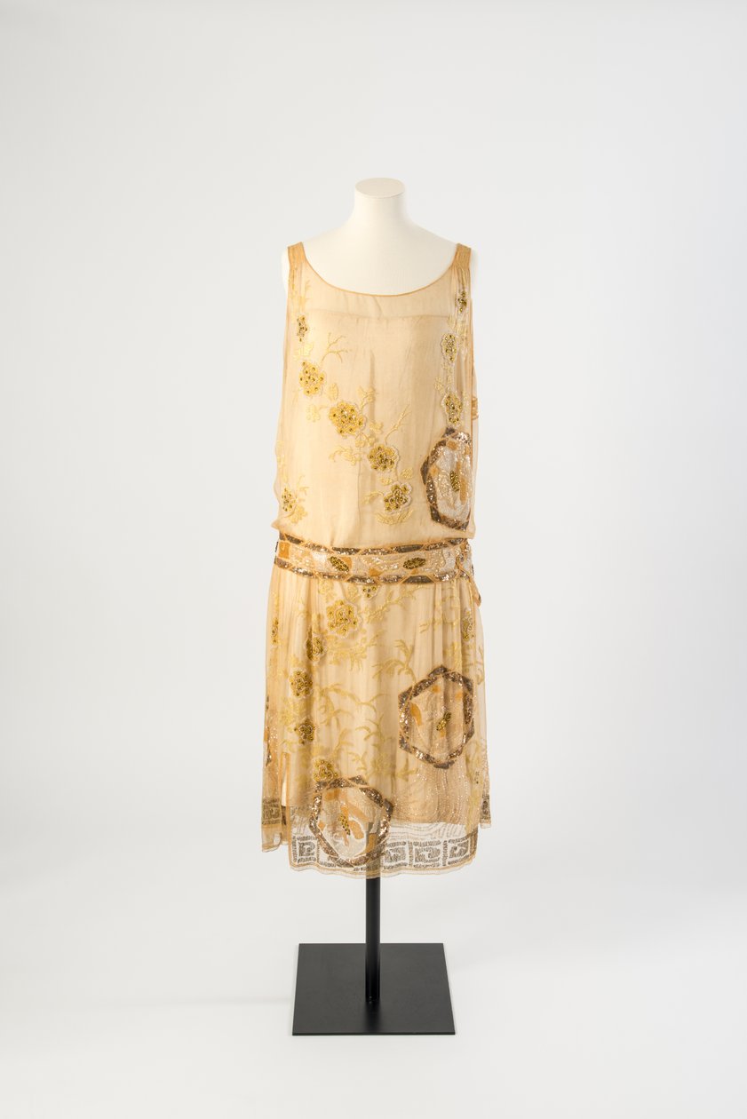 Vestido de noche bordado con cuentas de gasa de seda amarillo limón, 1927 de Jeanne Paquin