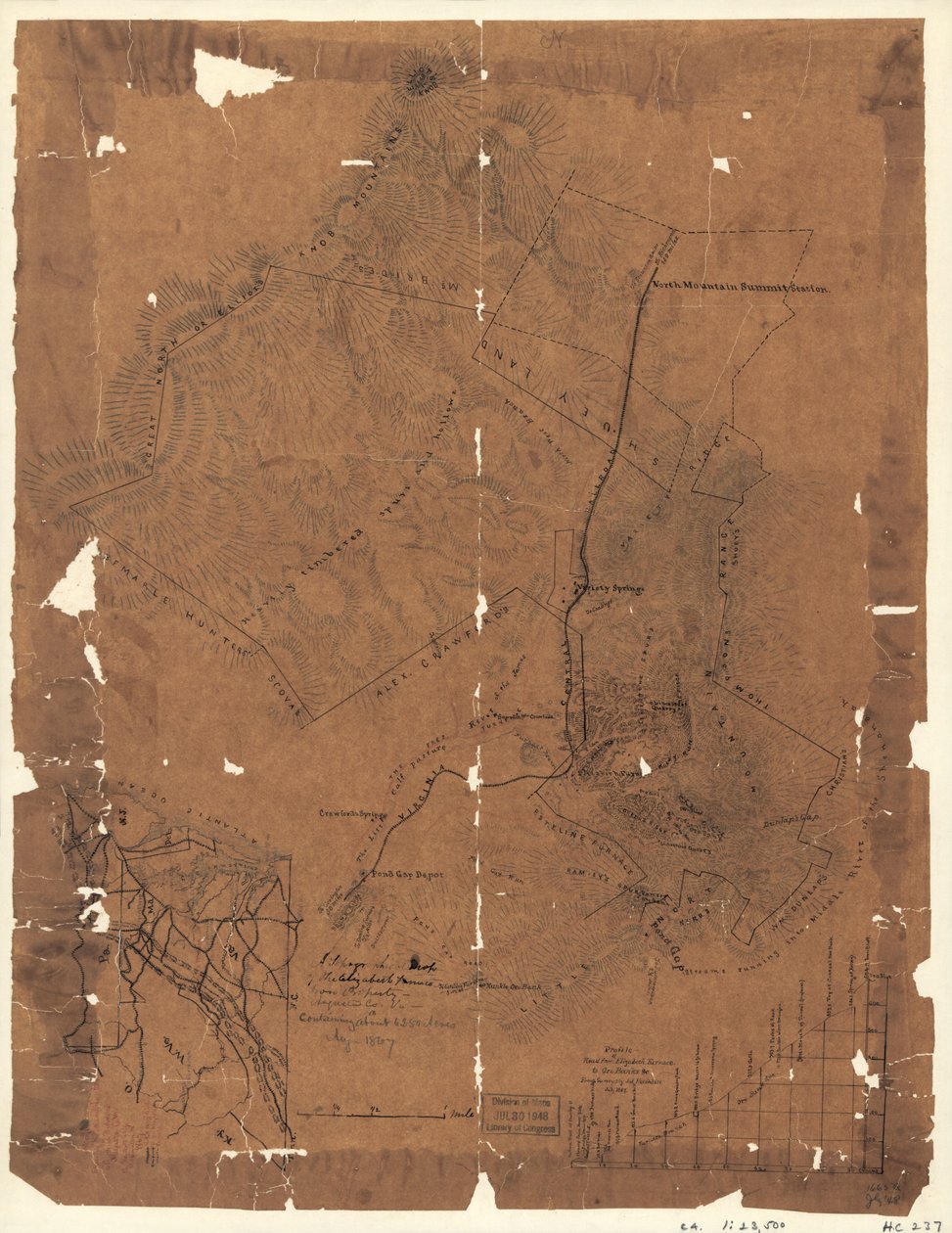 Mapa topográfico de la propiedad de hierro de Elizabeth Furnace, condado de Augusta, Virginia, que contiene unos 6250 acres, agosto de 1867. LOC 2005625144 de Jedediah Hotchkiss