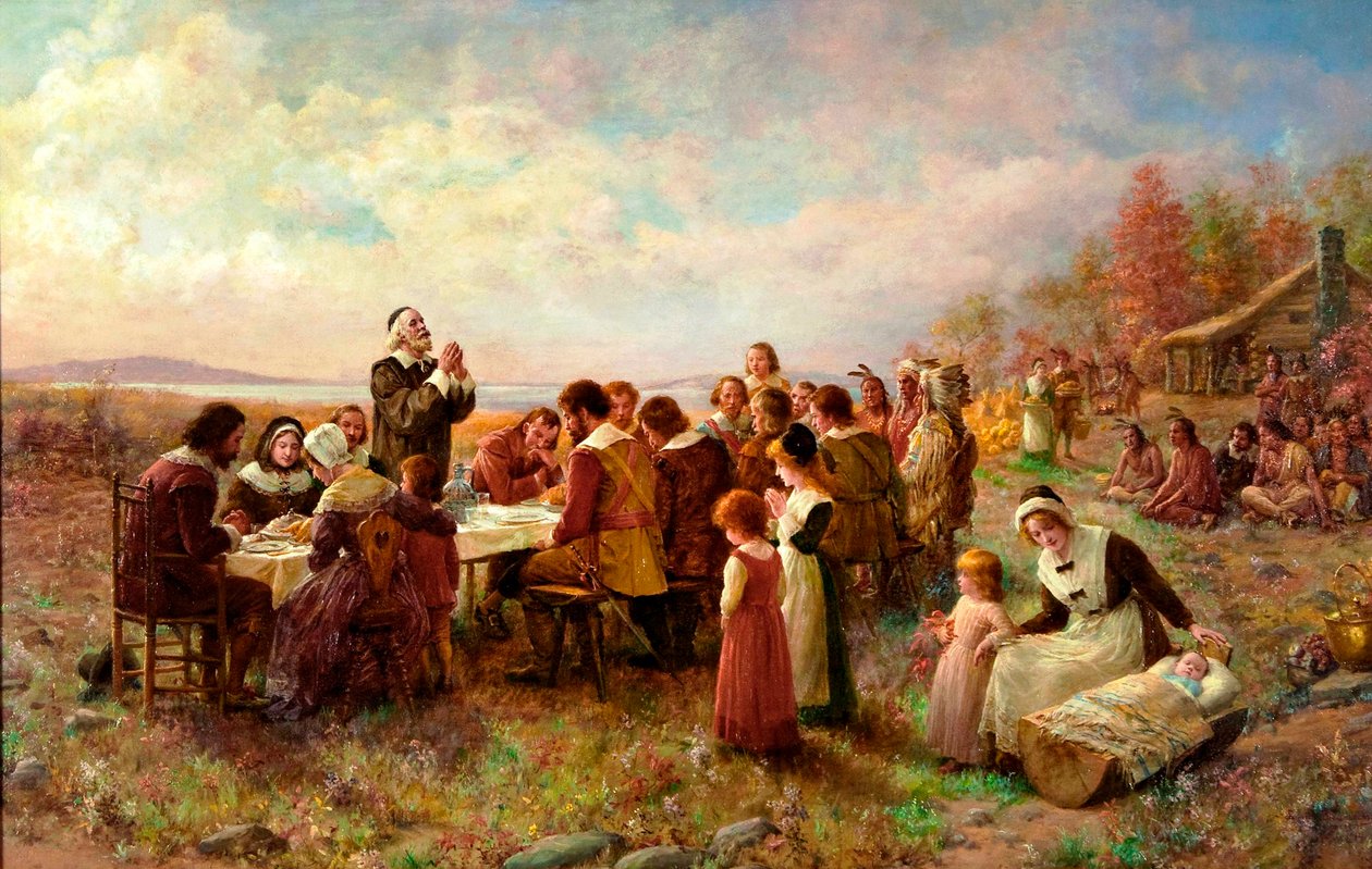 El primer Día de Acción de Gracias en Plymouth, 1914 de Jennie Augusta Brownscombe