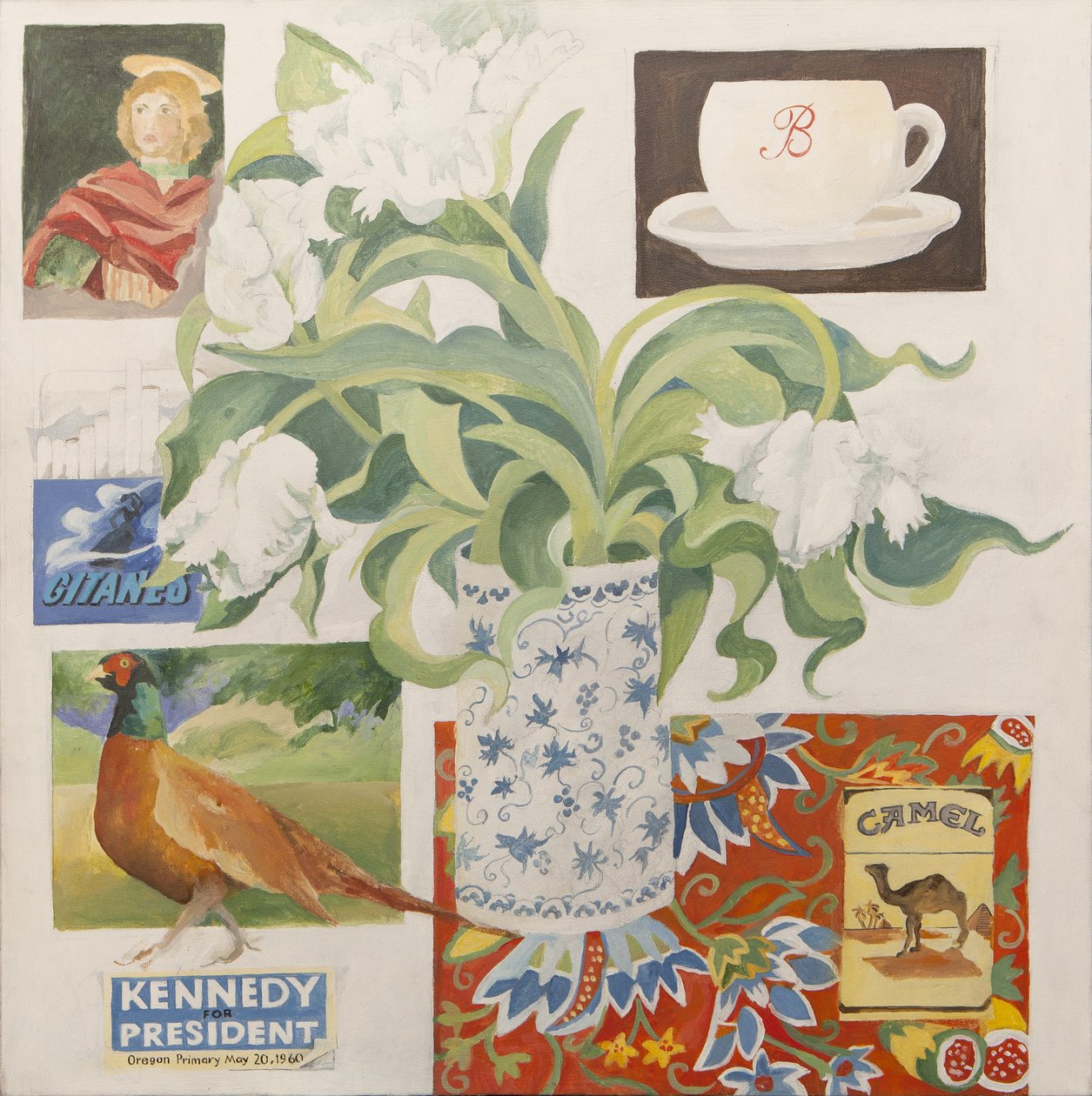 Efemérides, entre ellas taza de café, paquetes de cigarrillos; tarjeta postal y tulipanes de Jennifer Abbott