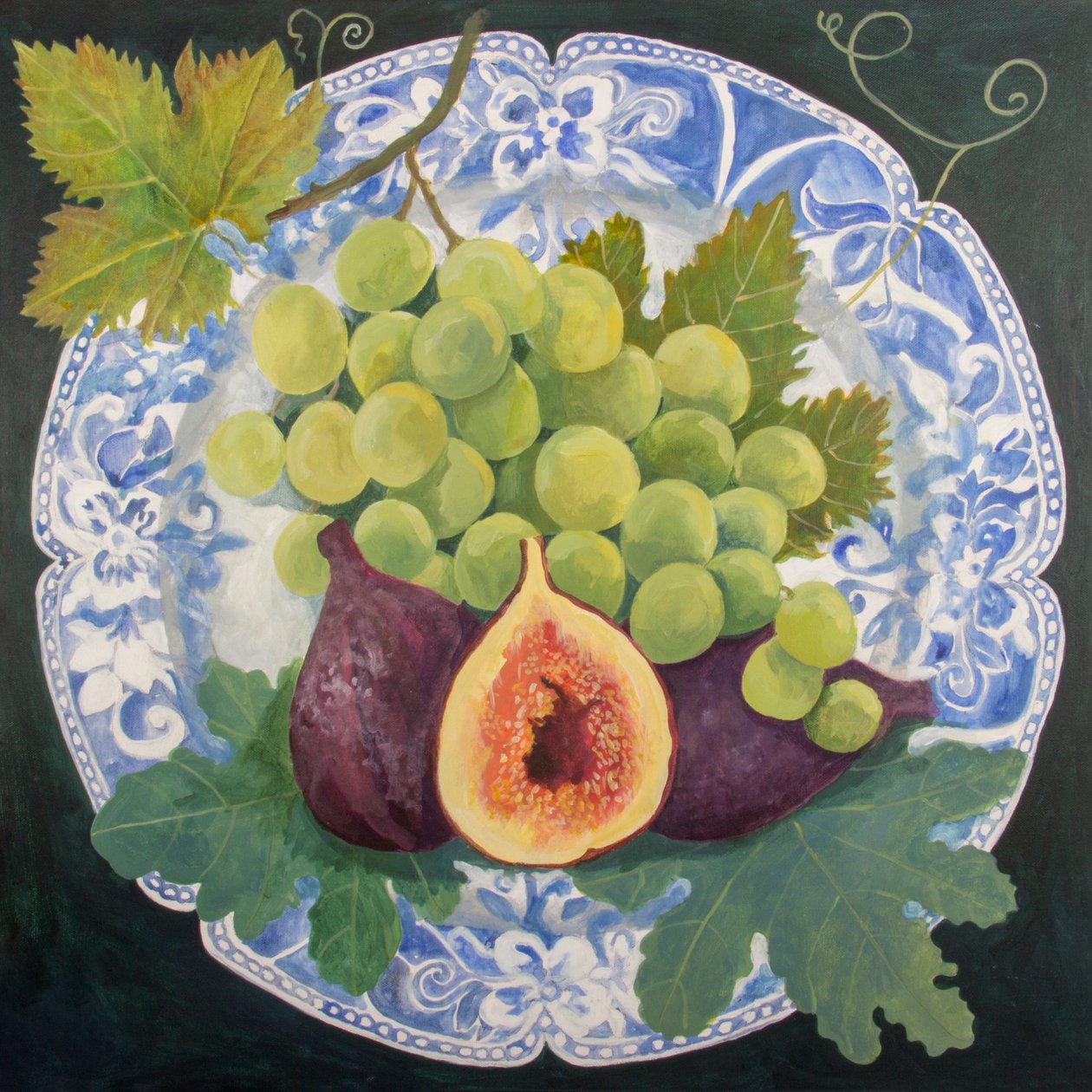 Higos y uvas en un plato, 2018 (acrílico sobre lienzo) de Jennifer Abbott