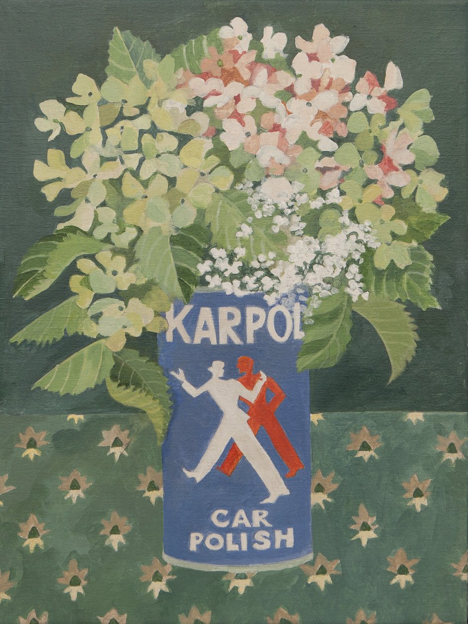 Hortensias en un viejo bote de cera para coches (acrílico) de Jennifer Abbott