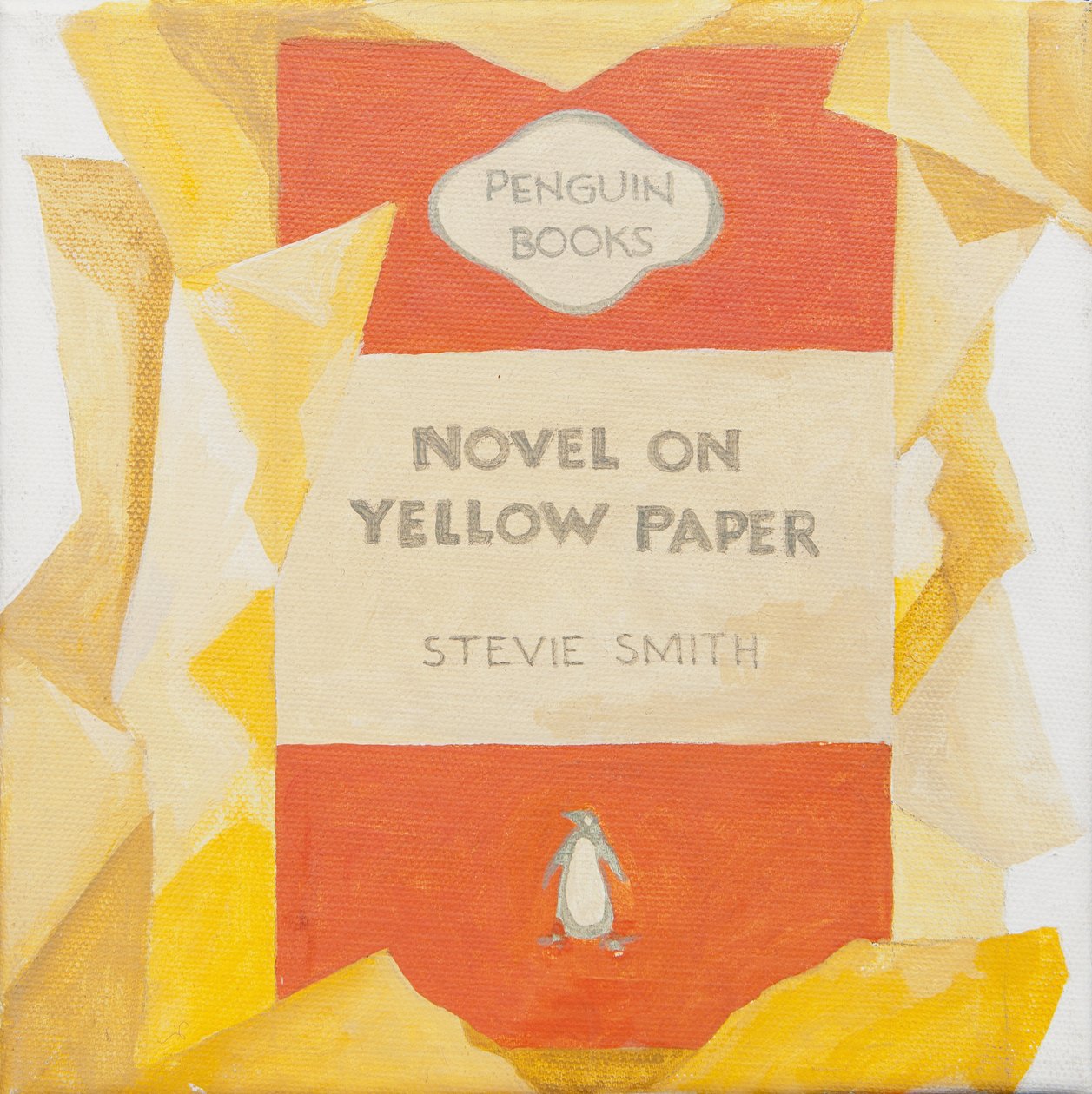 Portada de libro Penguin. Novela sobre papel amarillo (acrílico) de Jennifer Abbott