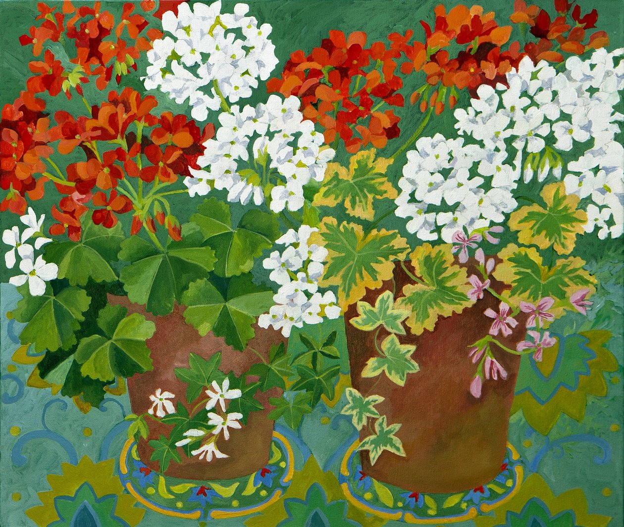 Geranios rojos y blancos en macetas, 2013 (acrílico sobre lienzo) de Jennifer Abbott