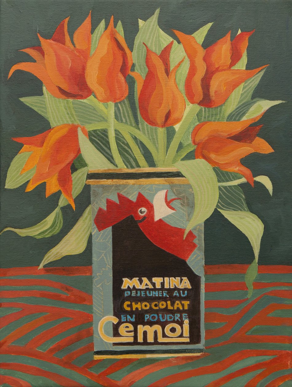 Tulipanes rojos en una vieja lata de café (acrílico) de Jennifer Abbott