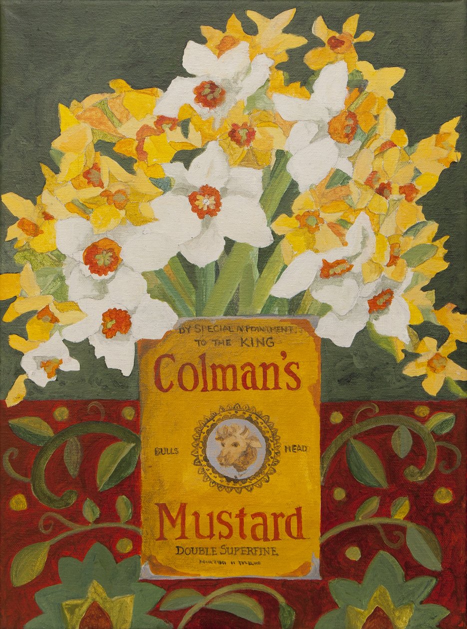 Narcisos blancos y amarillos en lata de mostaza Colman (acrílico) de Jennifer Abbott