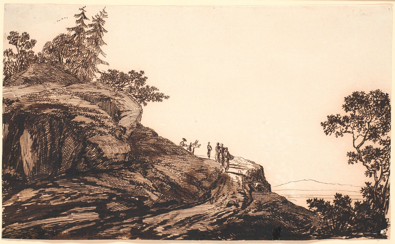 Paisaje montañoso con gente y burros en un camino de Jens Juel