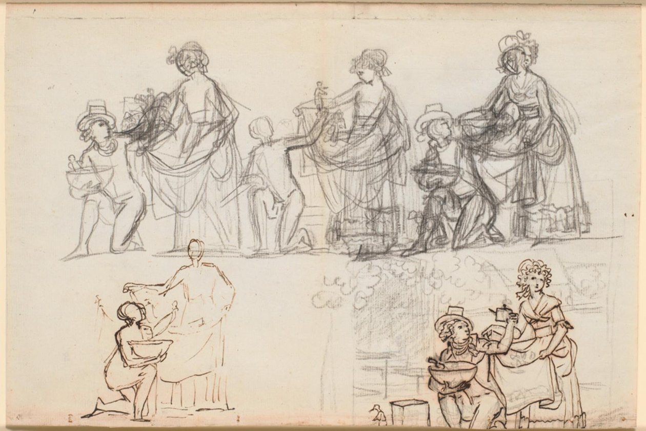 Diferentes bocetos para una escena de la obra de teatro "Chinafarene" de P.A. Heiberg de Jens Juel