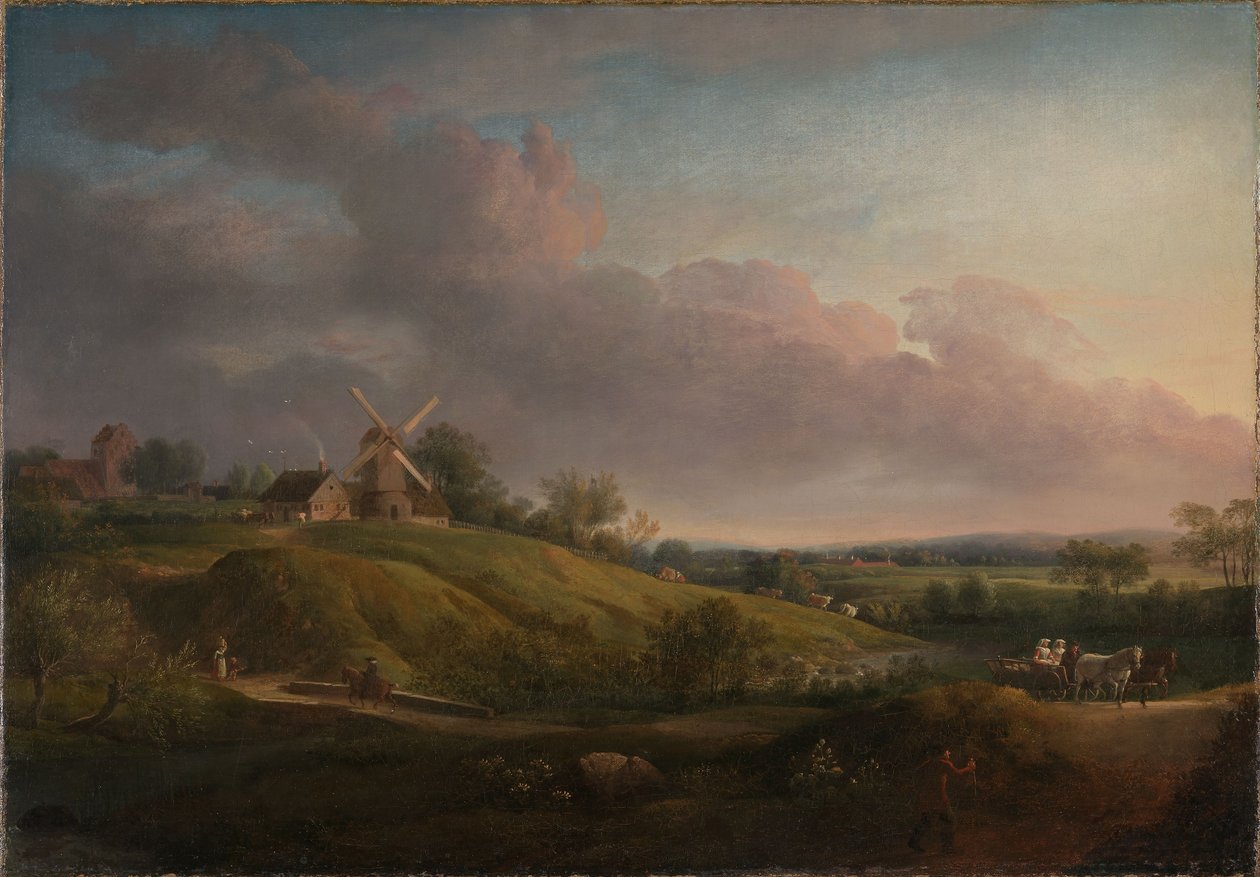 Paisaje con una iglesia y un molino de Jens Juel