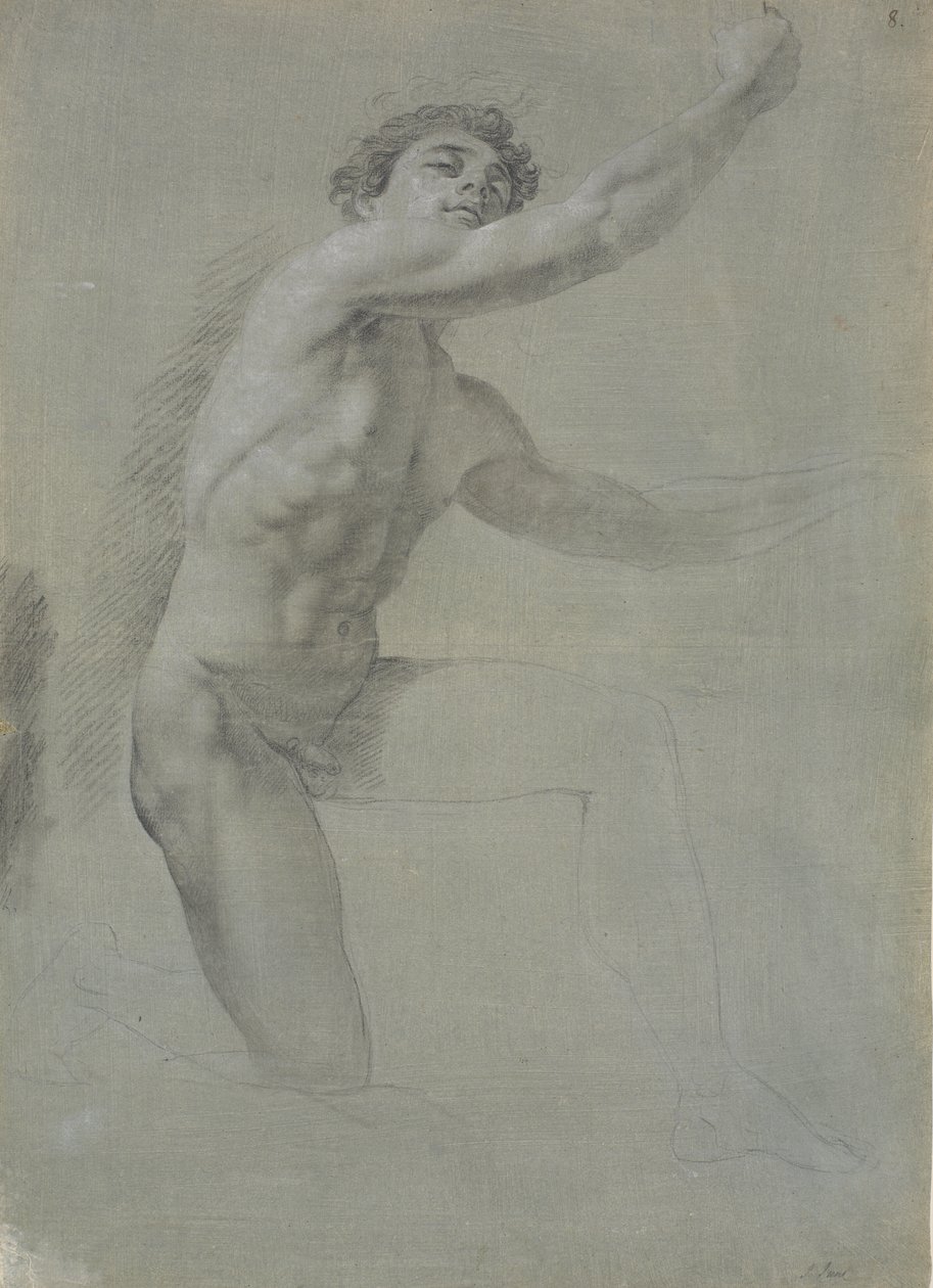 Modelo visto de frente, arrodillado sobre la pierna derecha; no terminado de dibujar de Jens Juel