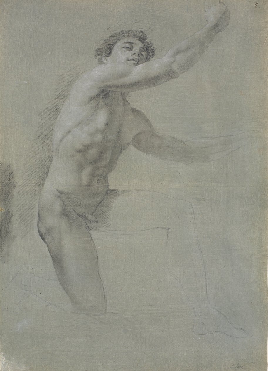 Modelo visto de frente, arrodillado sobre la pierna derecha; no terminado de dibujar de Jens Juel