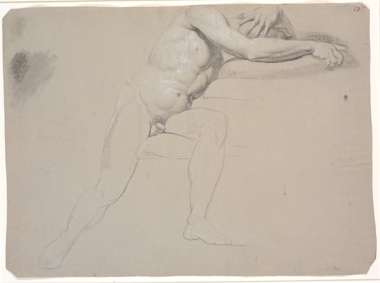 Modelo sentado, con la cabeza y los brazos apoyados en almohadas; no terminado de dibujar de Jens Juel