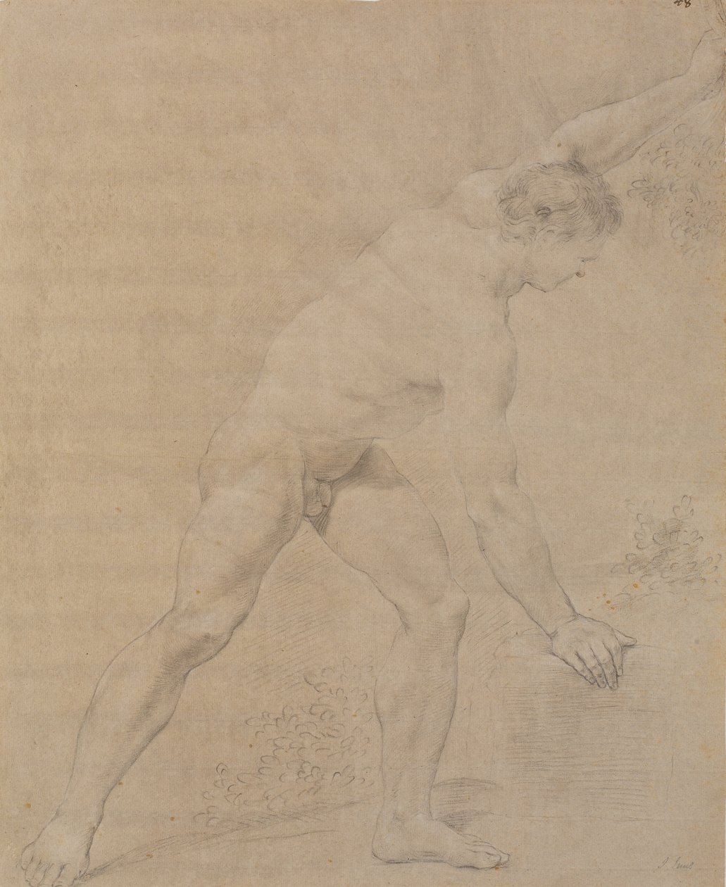 Modelo de pie, mirando a la derecha, brazo izquierdo levantado, derecho bajado y apoyado en una roca de Jens Juel