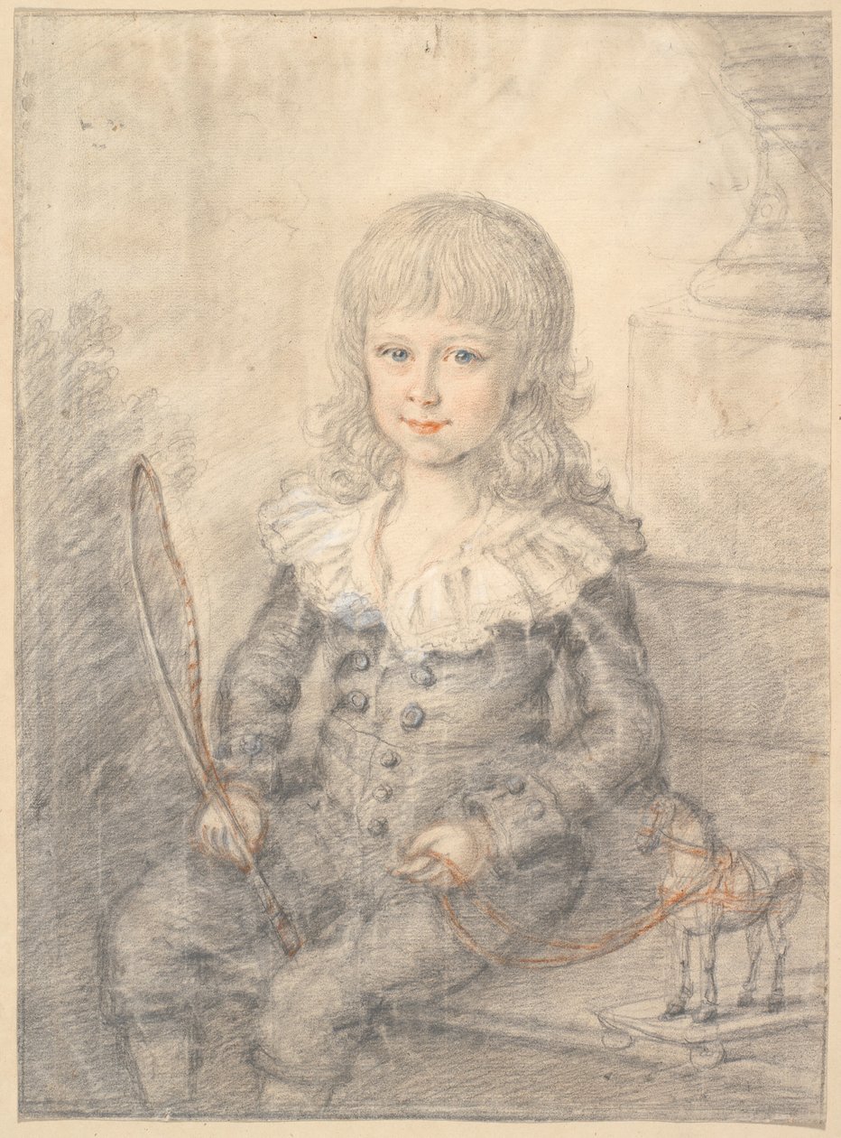 Retrato de un niño con un caballo de juguete de Jens Juel