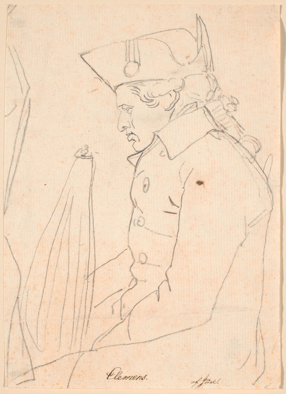 Retrato del grabador J.F. Clemens. Figura de tres cuartos sentada de perfil hacia la izquierda de Jens Juel
