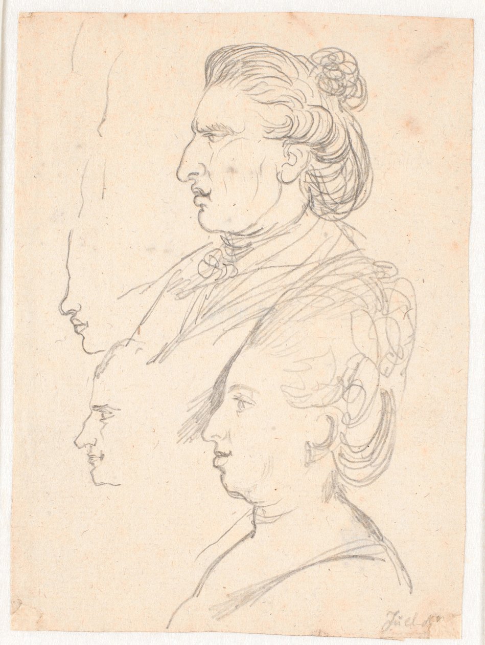 Retratos de perfil de la reina Caroline Mathilde, J.F. Struensee y Enevold Brandt, y un boceto, posiblemente de Juel mismo. Todos en perfil hacia la izquierda de Jens Juel