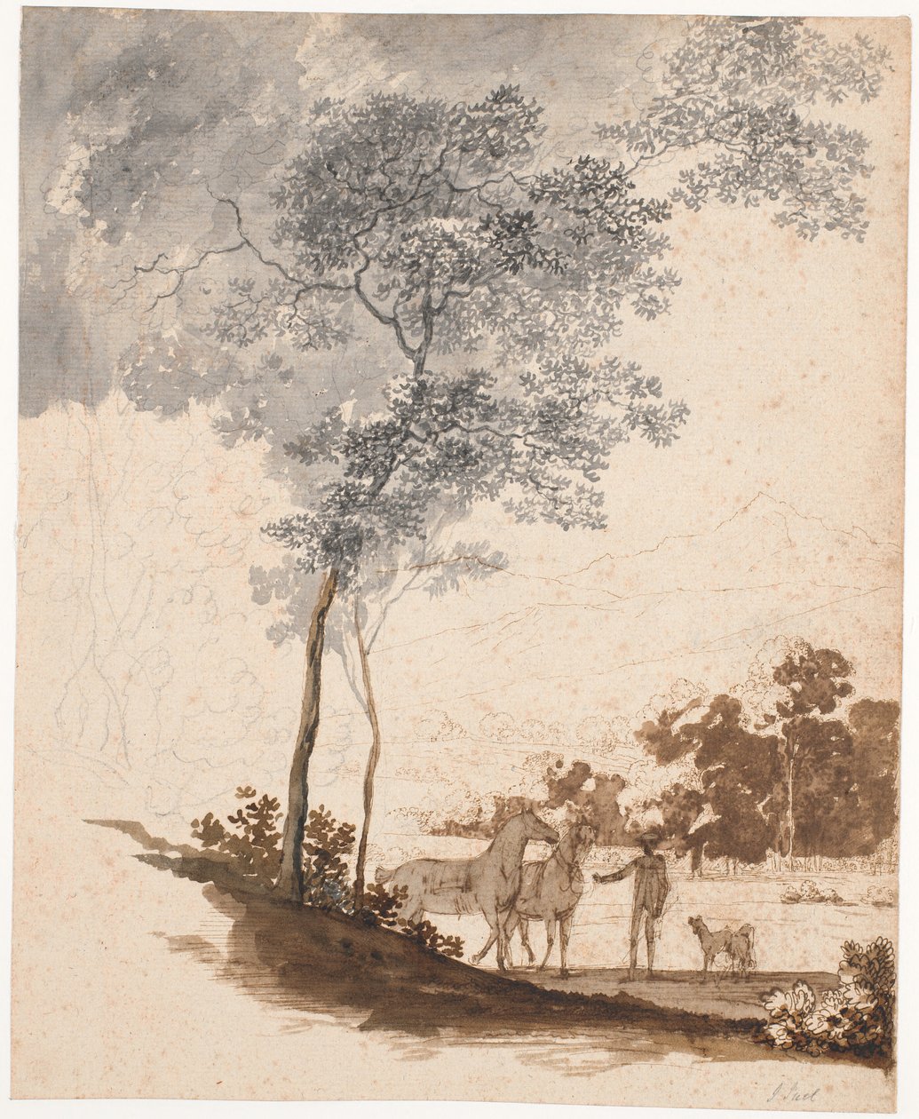 Paisaje suizo con un caballero sosteniendo dos caballos y un par de perros; estudio para el retrato de Jean-Armand Tronchin de Jens Juel