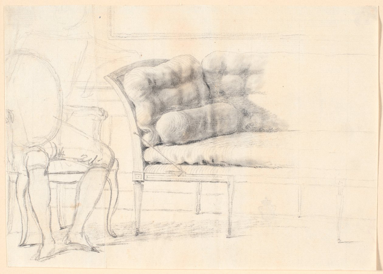 Estudio para el retrato familiar de Holmskiold de 1787: el sofá acolchado, y a la izquierda una silla con la figura de Holmskiold esbozada de Jens Juel