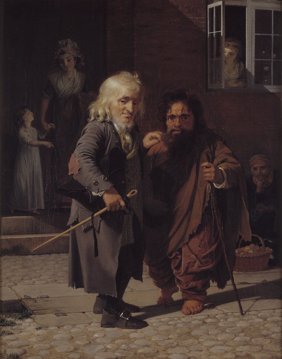 Dos Enanos: Obligeert, un Vendedor Judío de Cintas para Trenzas, junto al Enano Romano Bajocco en una de las Calles de Copenhague de Jens Juel