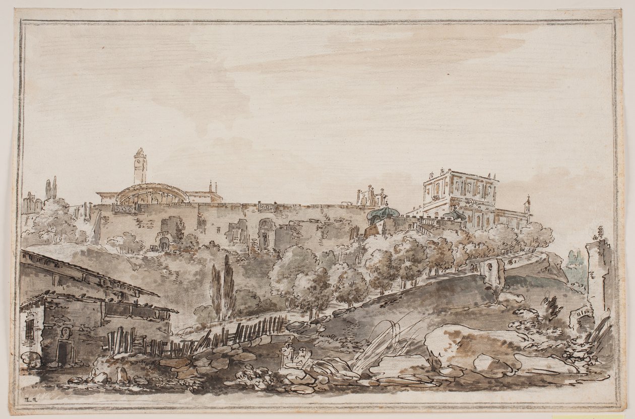 Vista de la ciudad con palacio e iglesia rodeados por un muro de Jens Petersen Lund