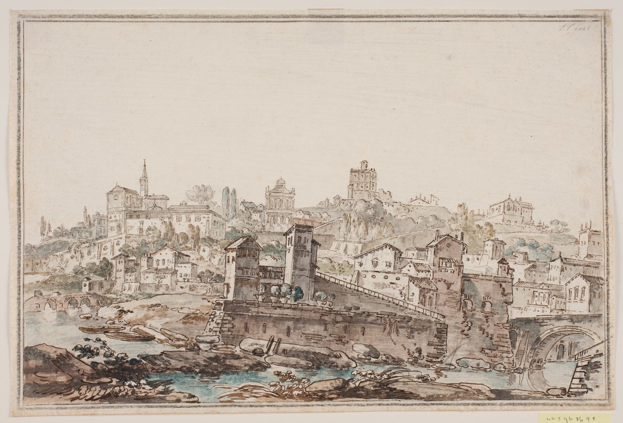 Vista de ciudad con casas e iglesia junto al río. Roma antigua de Jens Petersen Lund