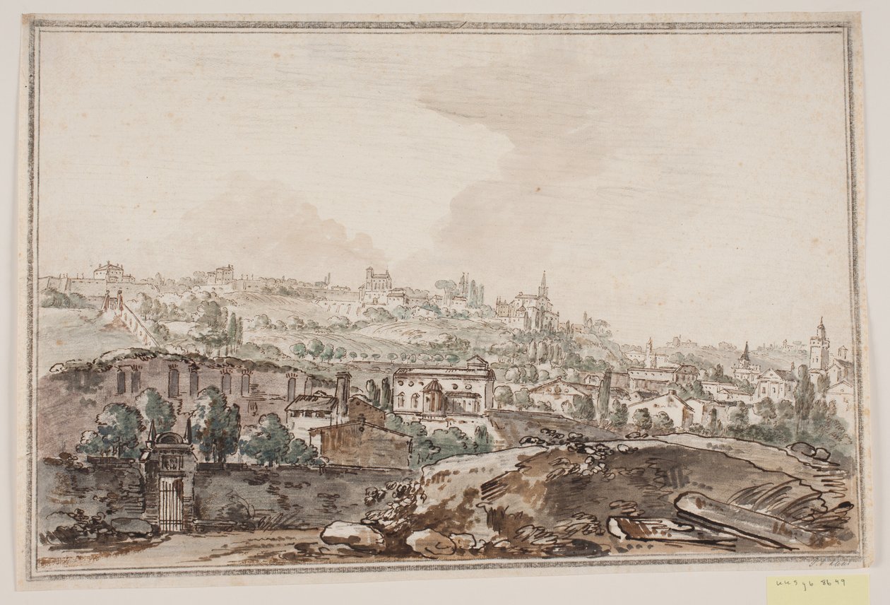 Vista de la ciudad con casas y muro junto al río; en el fondo iglesias y palacios de Jens Petersen Lund