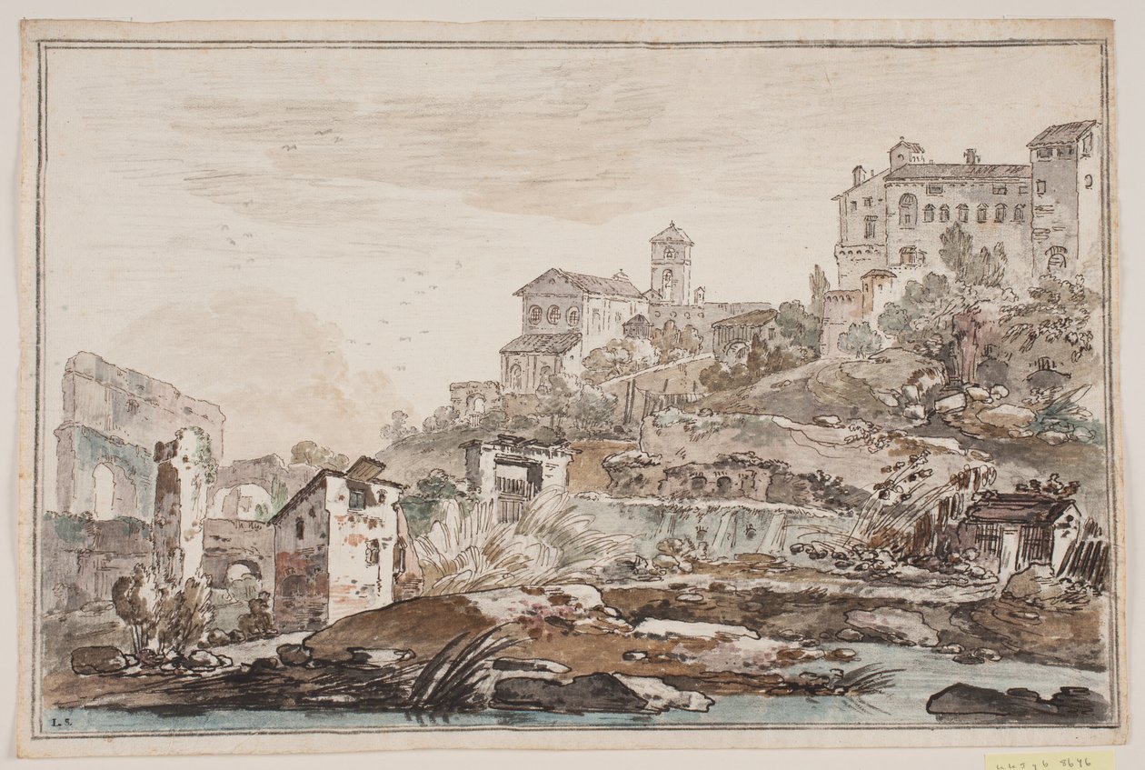 Vista de ciudad con ruinas y una iglesia y palacio en lo alto de Jens Petersen Lund