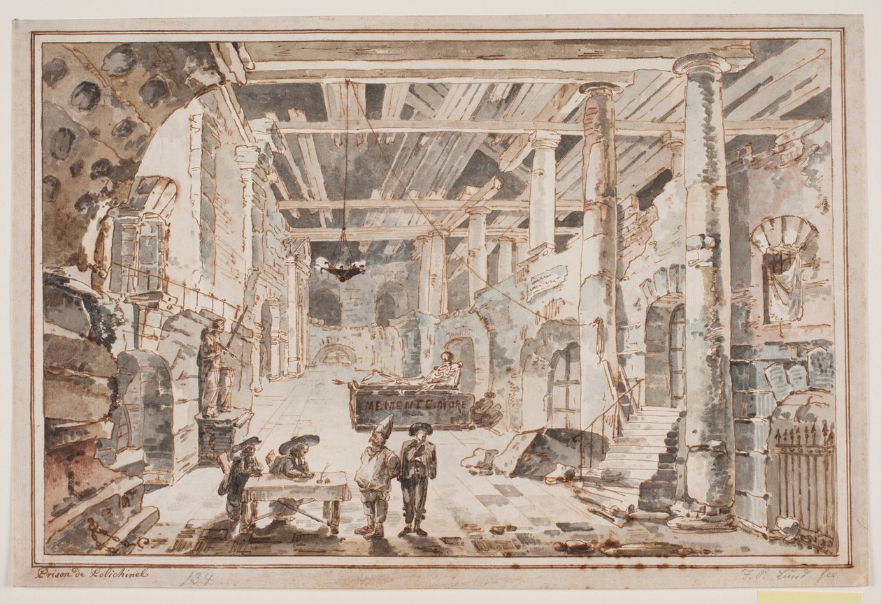 Escena de prisión con Polichinela y un carcelero en una mesa con dos jueces de Jens Petersen Lund