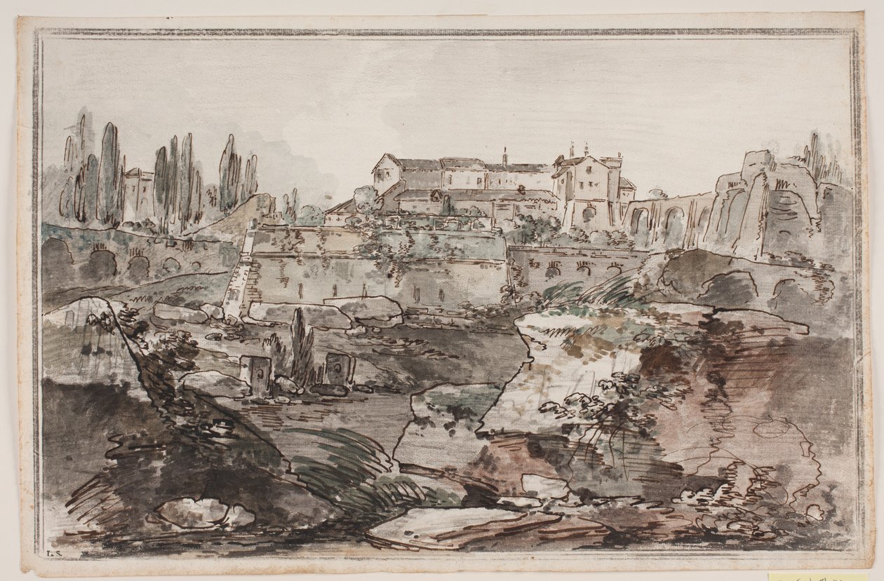 Vista con fortaleza (?), ruinas, rocas y agua de Jens Petersen Lund