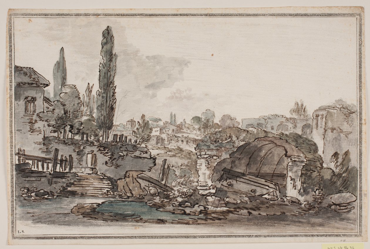 Perspectiva con árboles altos, edificios y ruinas de Jens Petersen Lund