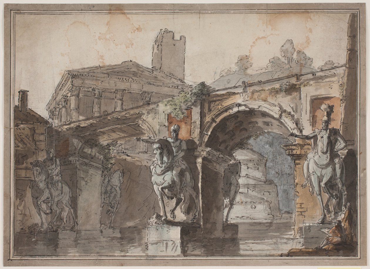 Vista "romana" con puente, ruina de templo y estatua ecuestre de Jens Petersen Lund