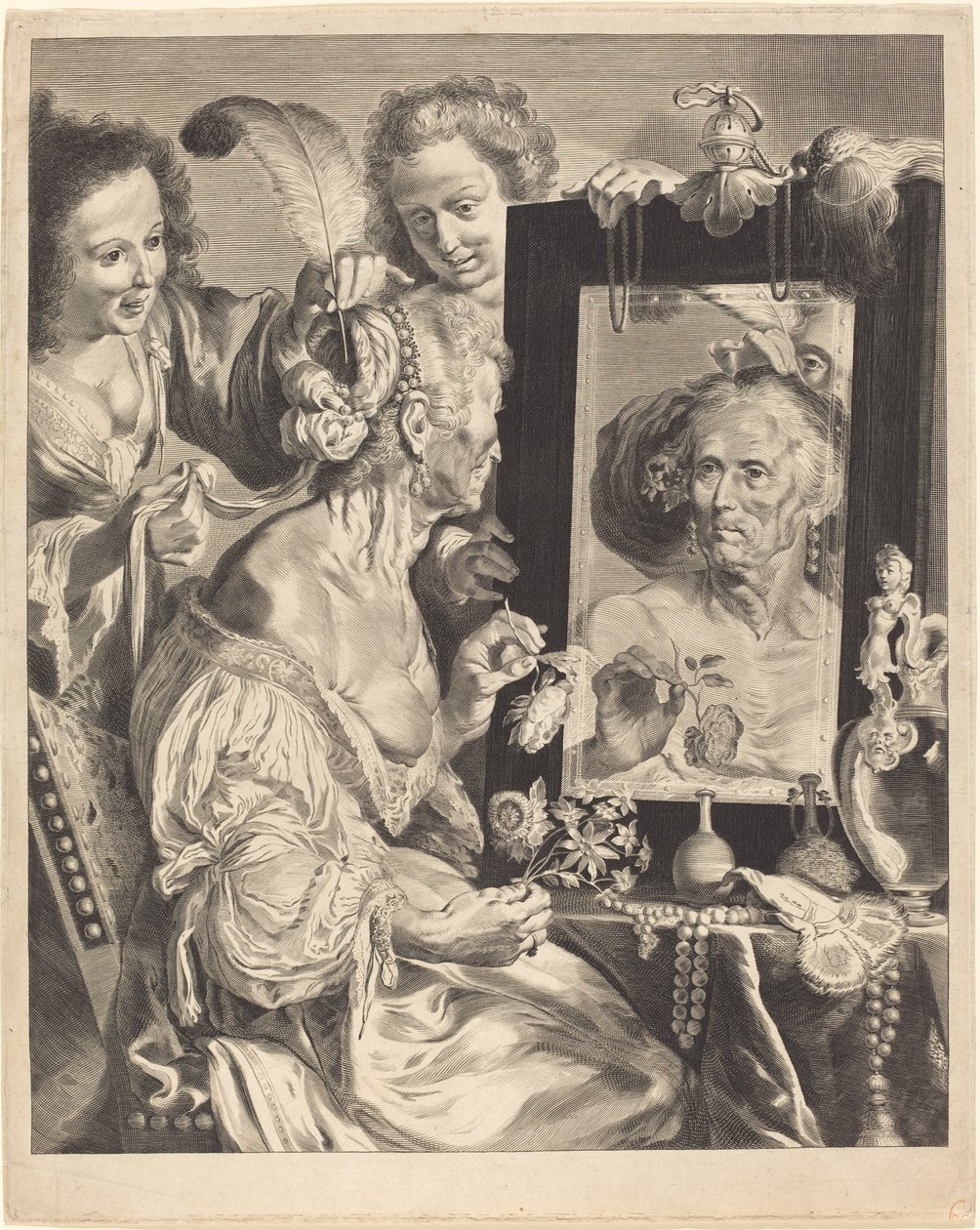 Una anciana en la mesa de tocador de Jeremias Falck after Johann Liss after Bernardo Strozzi