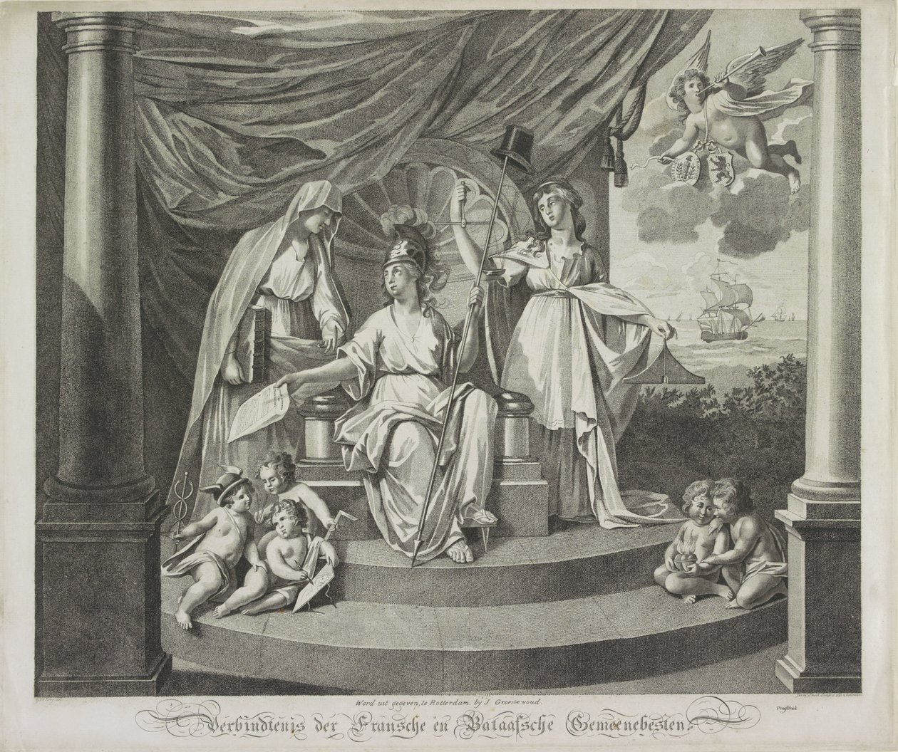Alegoría de la Alianza con Francia, 1795 Unión de las Mancomunidades de Francia y Batavia (título sobre el objeto) de Jeremias Snoek