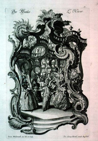 Invierno, partitura rococó que representa un baile de disfraces, pub. por Johann Georg Hertel de Jeremias Wachsmuth