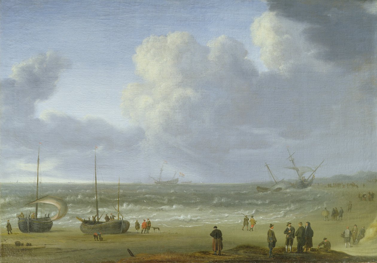 Barcos en un estuario con pescadores en un muelle de Jeronimus van Diest
