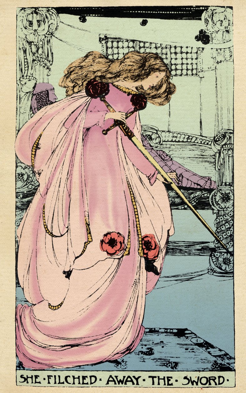 El hada Morgane roba la Excalibur para que su amante la utilice contra el Rey Arturo. Ilustración de Jessie Marion King (1875-1949) para el libro "" La alta historia del Santo Grial de Perceval el Galés, caballero de la mesa redonda" de Sebastian Evans (18 de Jessie Marion King
