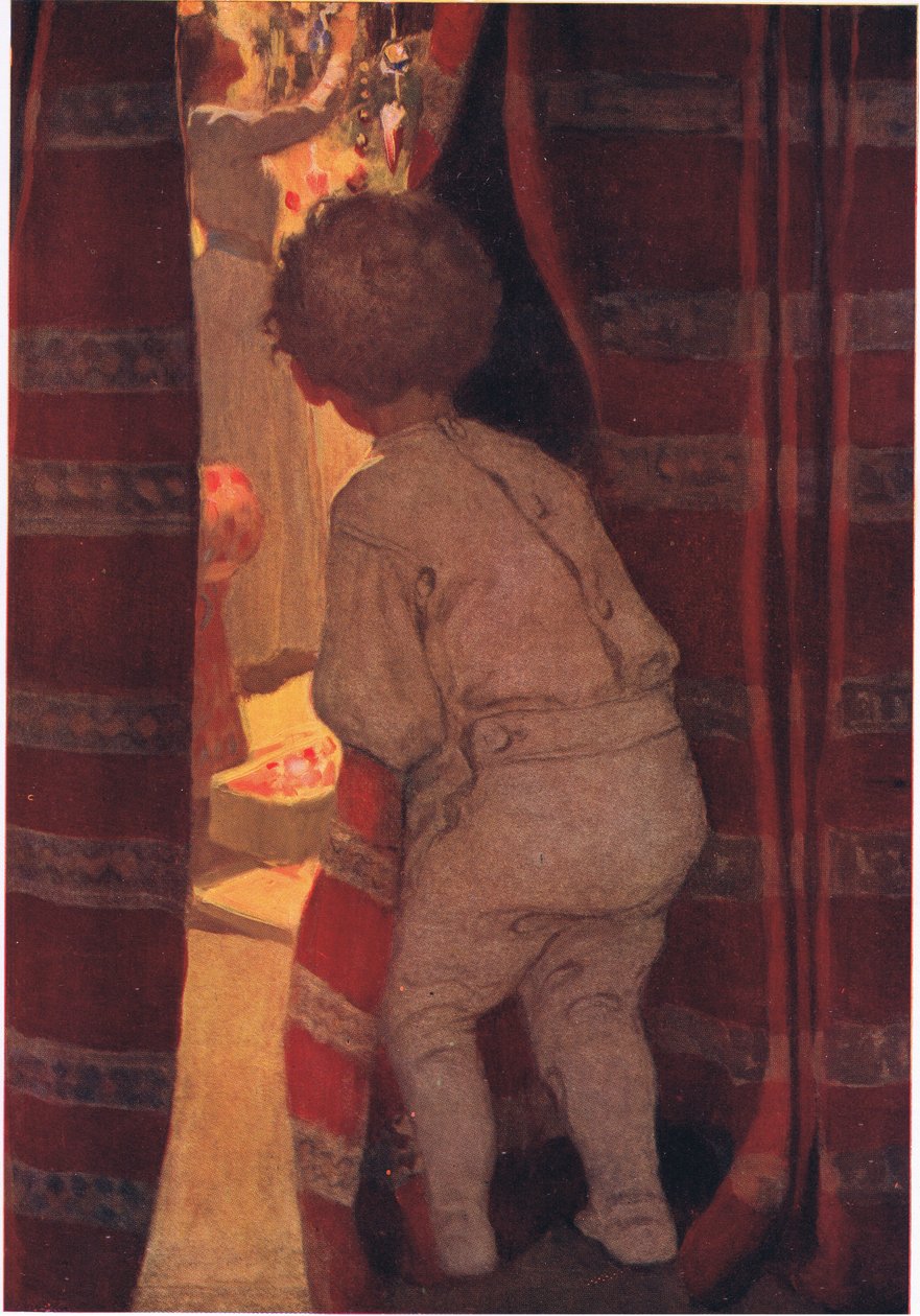 Se arrastró escaleras abajo para echar un vistazo en el salón (litografía en color) de Jessie Willcox Smith