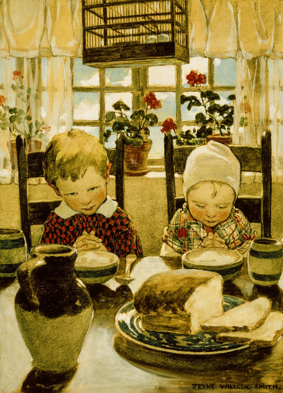 Oraciones en el desayuno (acuarela) de Jessie Willcox Smith