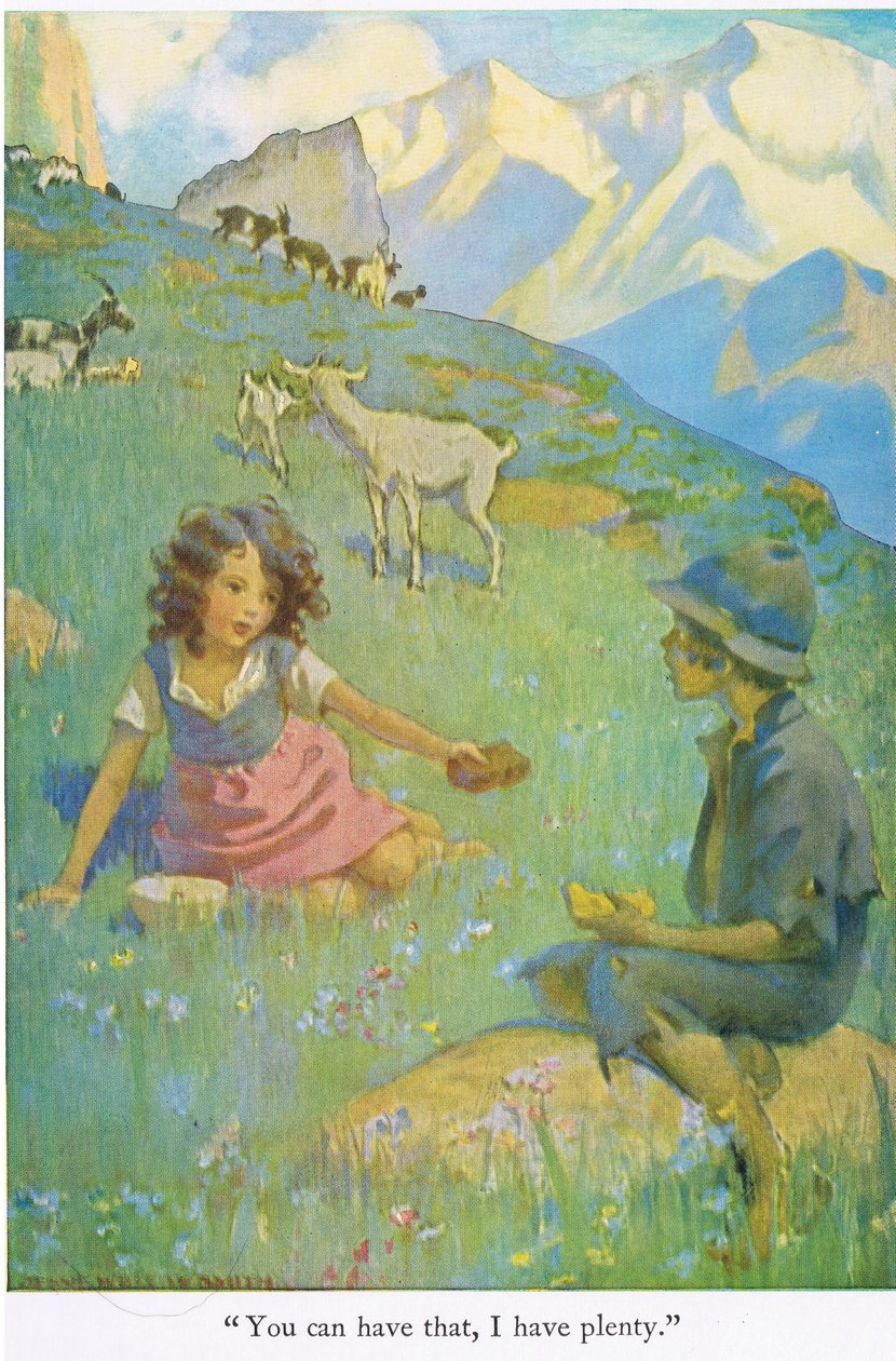 "You can have that, I have plenty", ilustración de "Heidi" (litografía en color) de Jessie Willcox Smith