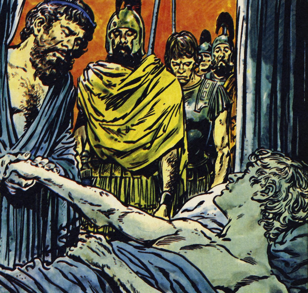 Alejandro murió de fiebre en 323, a la edad de 32 años (litografía en color) de Jesus Blasco
