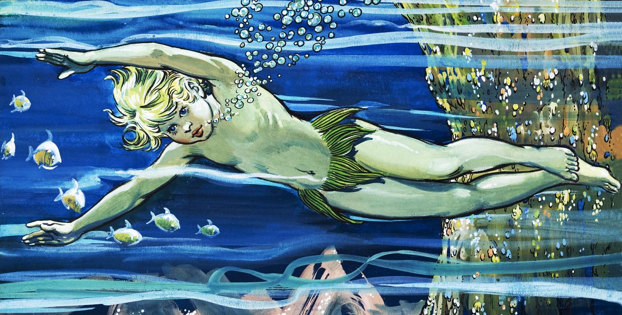 Niño nadando, ilustración de "The Water Babies" de Charles Kingsley (gouache sobre papel) de Jesus Blasco
