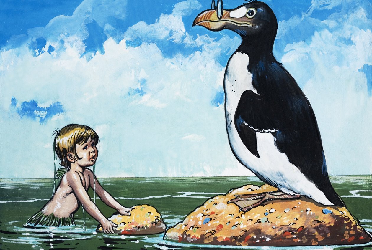 Boy and A Garefowl, ilustración de "The Water Babies" de Charles Kingsley (gouache sobre papel) de Jesus Blasco