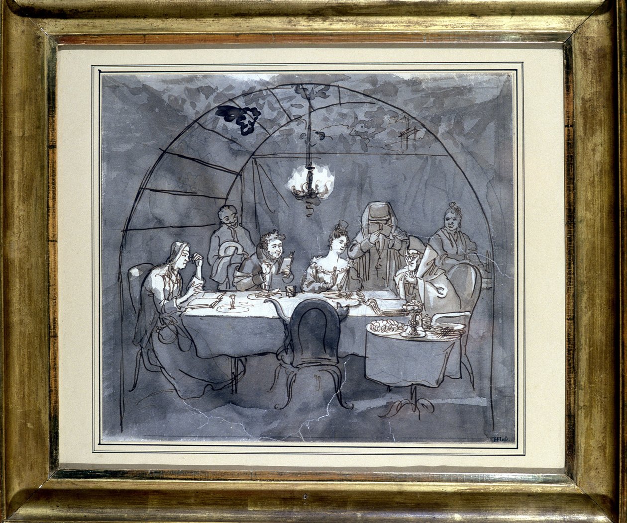 Fiesta de las Cabañas en el restaurante Kasher por la familia de Moisés Ulmann. Dibujo sobre papel, lavado de tinta en 1831 35.5 x 31.3 cm. (JM 189) Museo Judío de Basilea, Suiza. de Jewish School