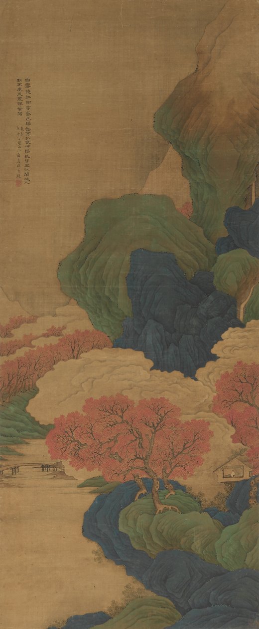Nubes blancas y árboles rojos, pergamino colgante de Jian Li