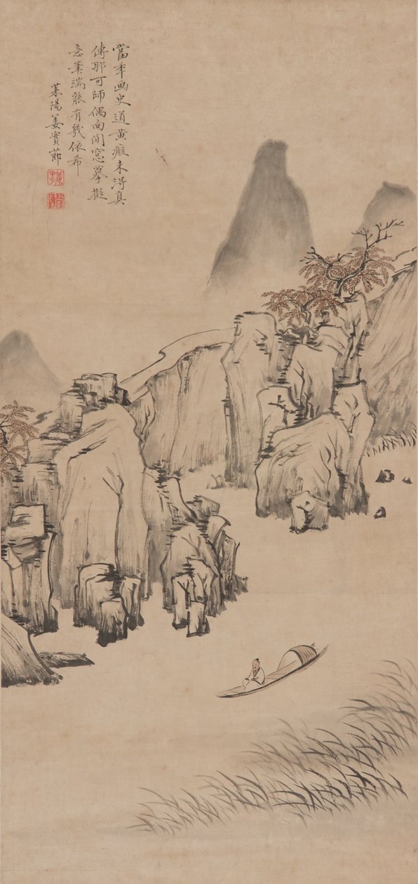Paisaje fluvial con hombre en un bote, dinastía Qing, finales del siglo XVII-principios del XVIII de Jiang Shijie