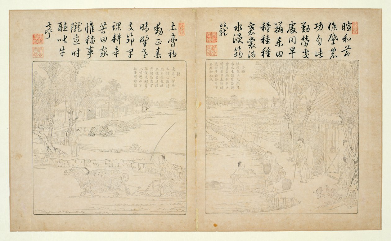 Yuzhi gengzhi tu (Ilustrado de labranza y tejido) 1696 (xilografía) de Jiao Bingzhen