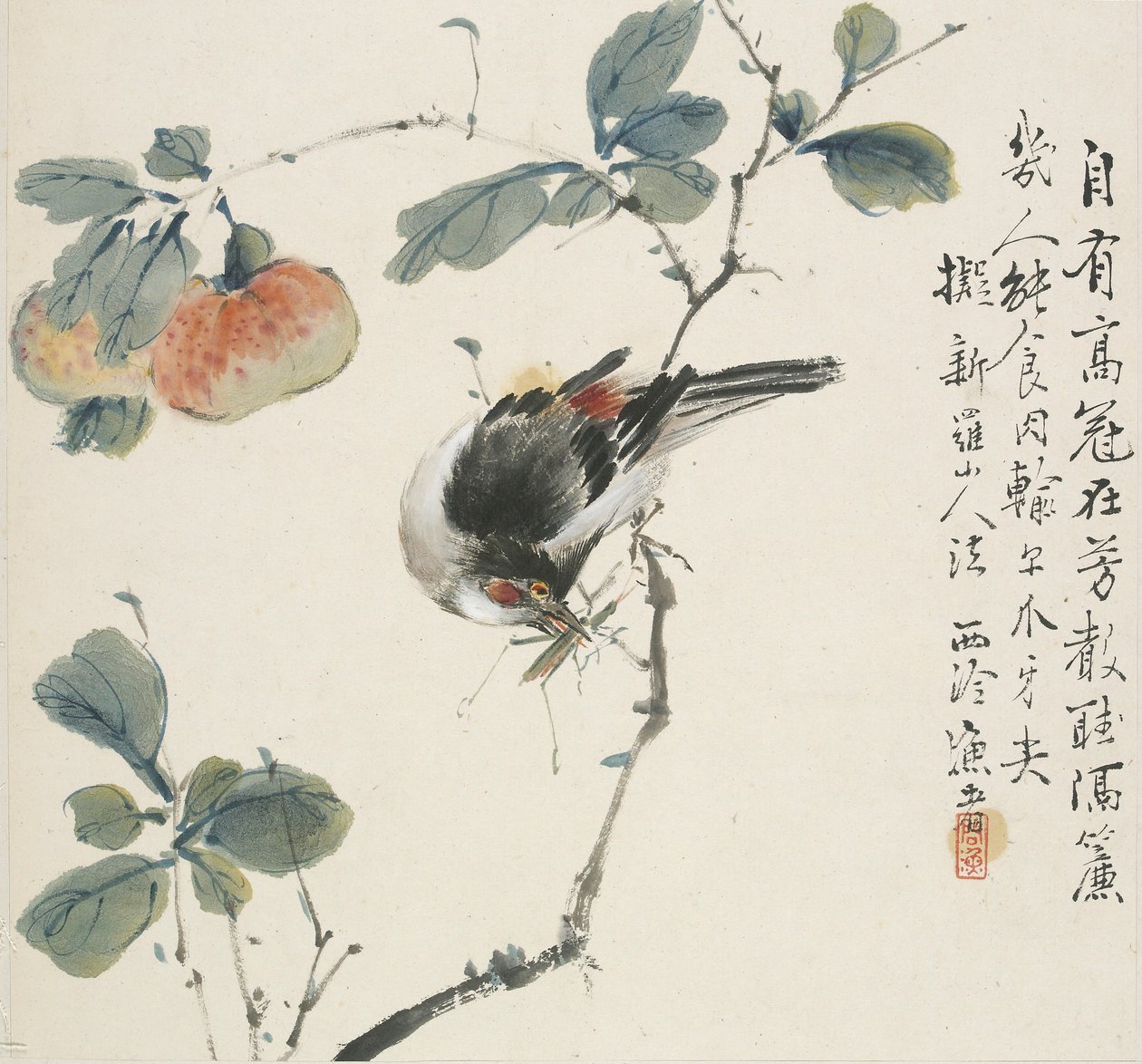 Un Hwamei chino comiendo un saltamontes, 1857 de Jin Yuan