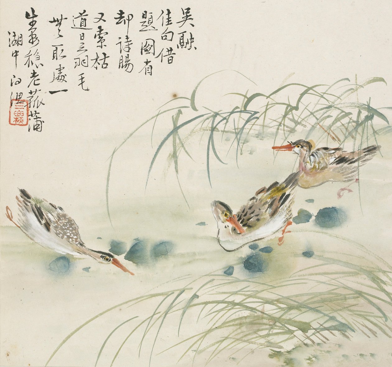 Tres patos nadando en una piscina de Jin Yuan