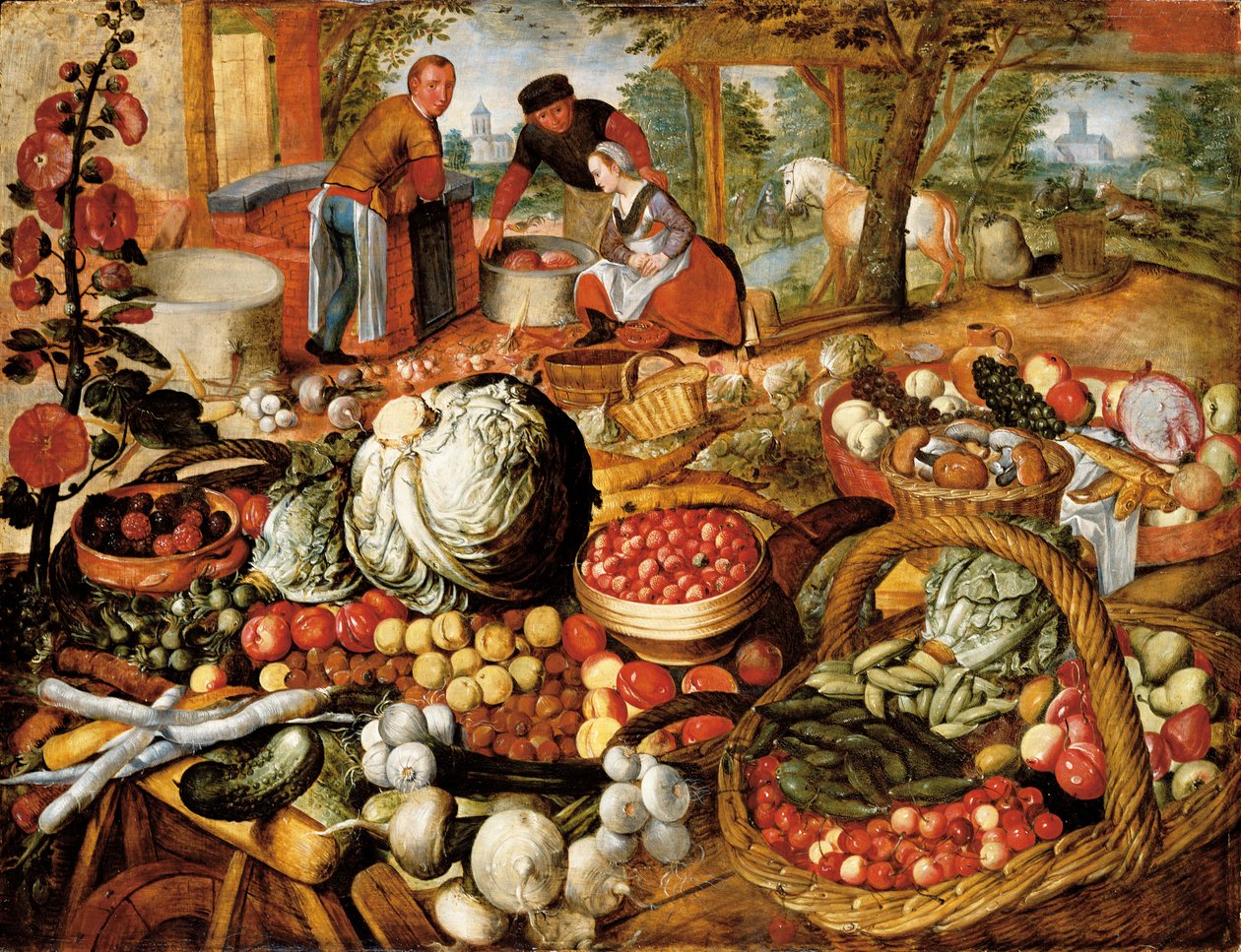 Un puesto de verdulero con la Huida a Egipto al fondo de Joachim Beuckelaer